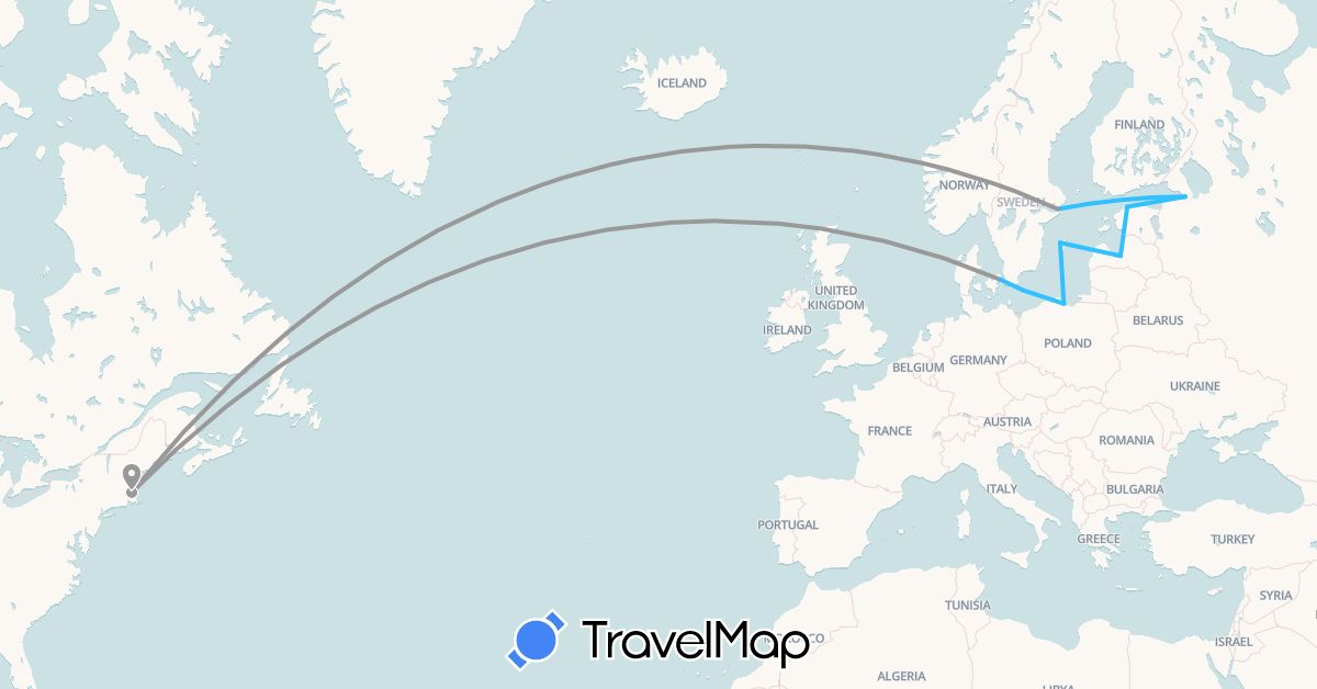 TravelMap itinerary: plane, boat in Denmark, Estonia, Latvia, Poland, Russia, Sweden, United States (Europe, North America)