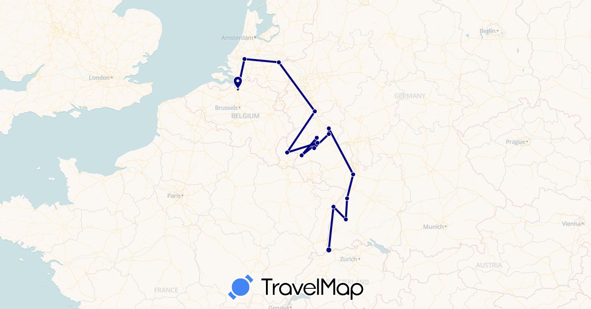 TravelMap itinerary: driving in Belgium, Switzerland, Germany, France, Luxembourg, Netherlands (Europe)